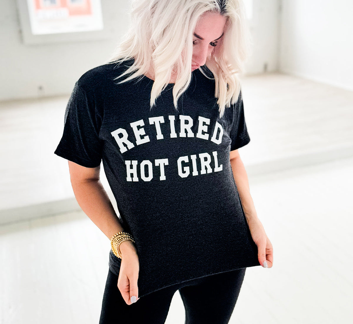 Women’s Heather Graphite T-shirt with Retired Hot Girl graphic by FestiviTees, casual unisex apparel for women.