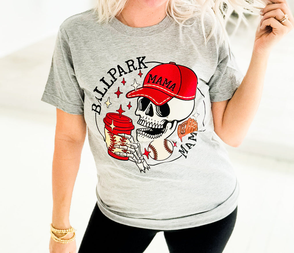 Heather grey women’s Ballpark Mama graphic T-shirt by FestiviTees, featuring a casual, unisex baseball-themed design.