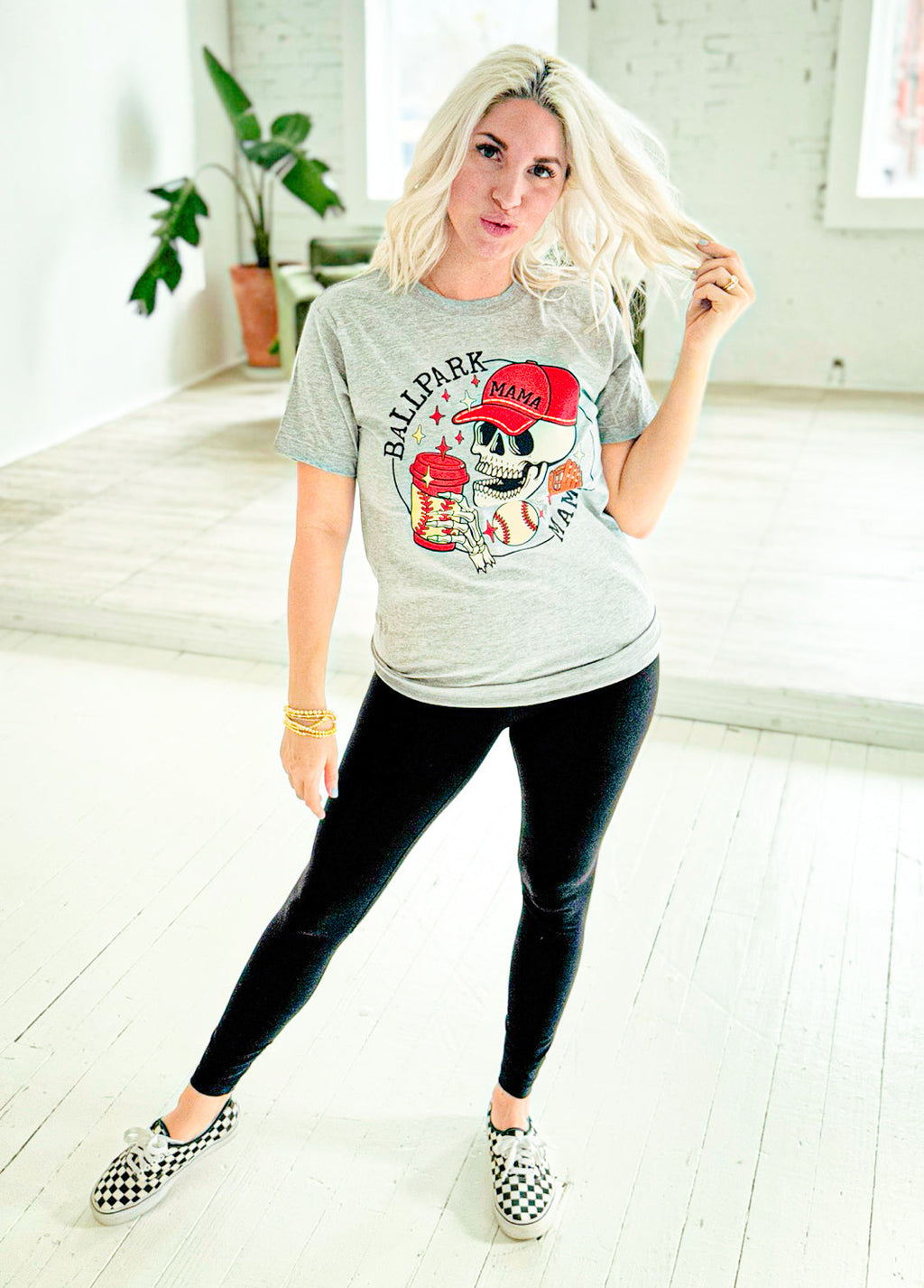 Heather grey Ballpark Mama graphic T-shirt for women by FestiviTees, casual unisex style with baseball-themed design.