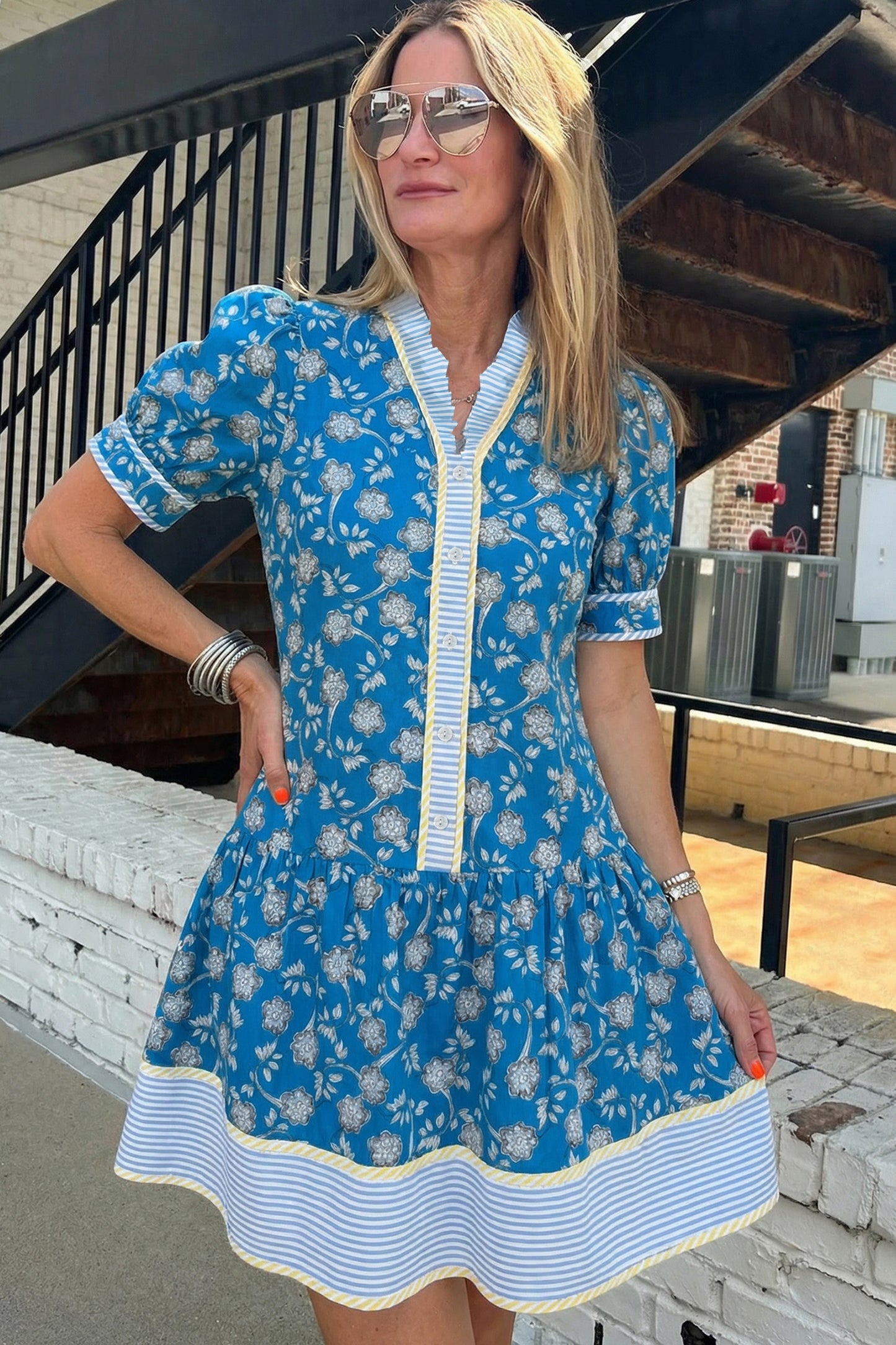 Blue Striped Trim Half Buttons Short Sleeve Floral Dress