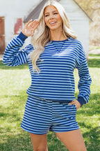 Blue Stripe Drop Shoulder Long Sleeve Pullover Elastic Waist Casual Short Set