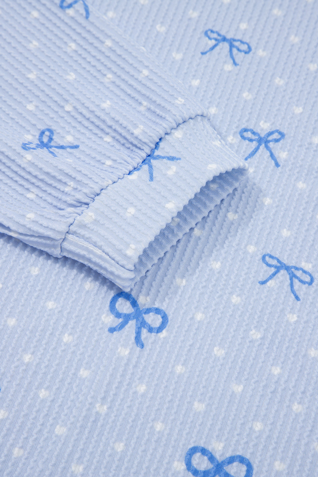 Sky Blue  Bow Print Twisted Rib Loose Long Sleeve Top 2pcs Short Set