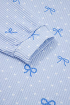 Sky Blue  Bow Print Twisted Rib Loose Long Sleeve Top 2pcs Short Set