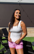 Pink gingham Go-Getter Shorts by GRACE+EMMA, featuring a stylish casual design with a comfortable fit.