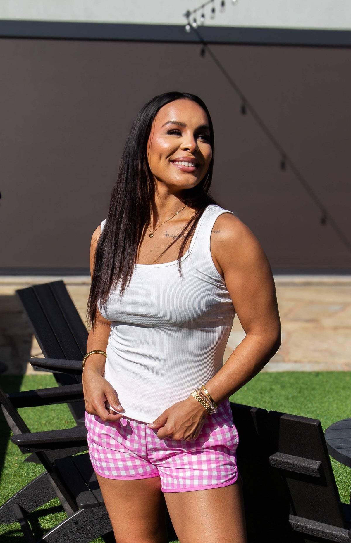 Pink gingham Go-Getter Shorts by GRACE+EMMA, featuring a stylish casual design with a comfortable fit.