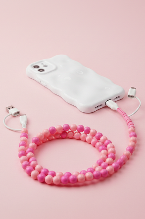 Grace+Emma pink beaded multi charger with colorful beads, designed for versatile device charging and stylish accessory use.