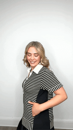Black striped knit top with attached skirt for women, stylish ladies dress by Grace+Emma, casual and comfortable outfit.