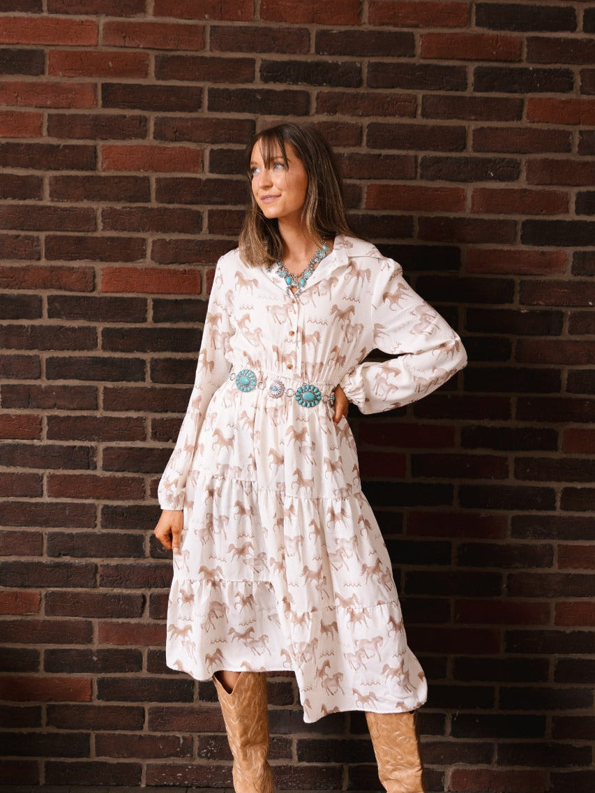 Ivory horse print shirt dress for women by Grace+Emma, featuring a stylish and comfortable ladies dress with a button front.
