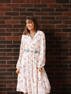 Ivory horse print shirt dress for women by Grace+Emma, stylish ladies dress with a button-up front and collar detail.