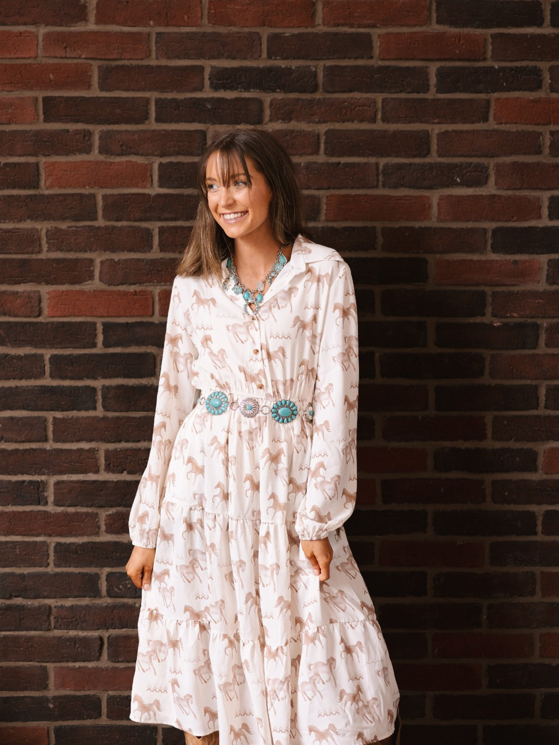 Ivory horse print shirt dress for women by Grace+Emma, stylish ladies dress with a button-up front and collar detail.