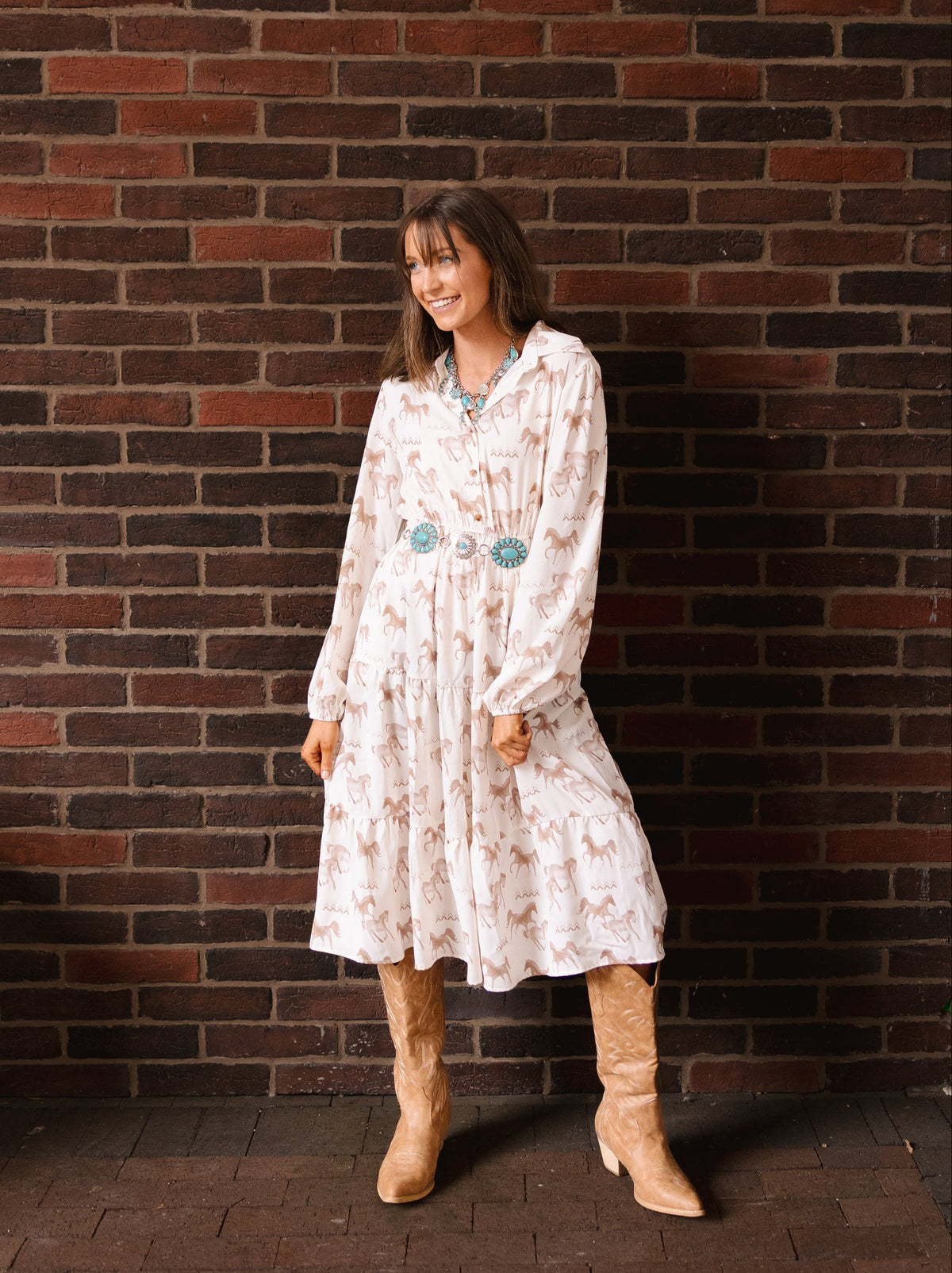 Grace+Emma women's ivory horse print shirt dress, lightweight and stylish, perfect for casual or semi-formal wear.