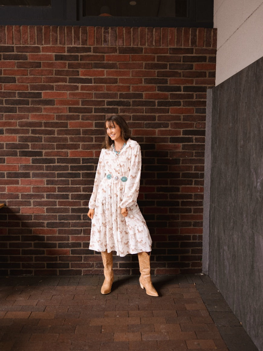 Ivory horse print shirt dress for ladies by Grace+Emma, featuring a relaxed fit and stylish design.