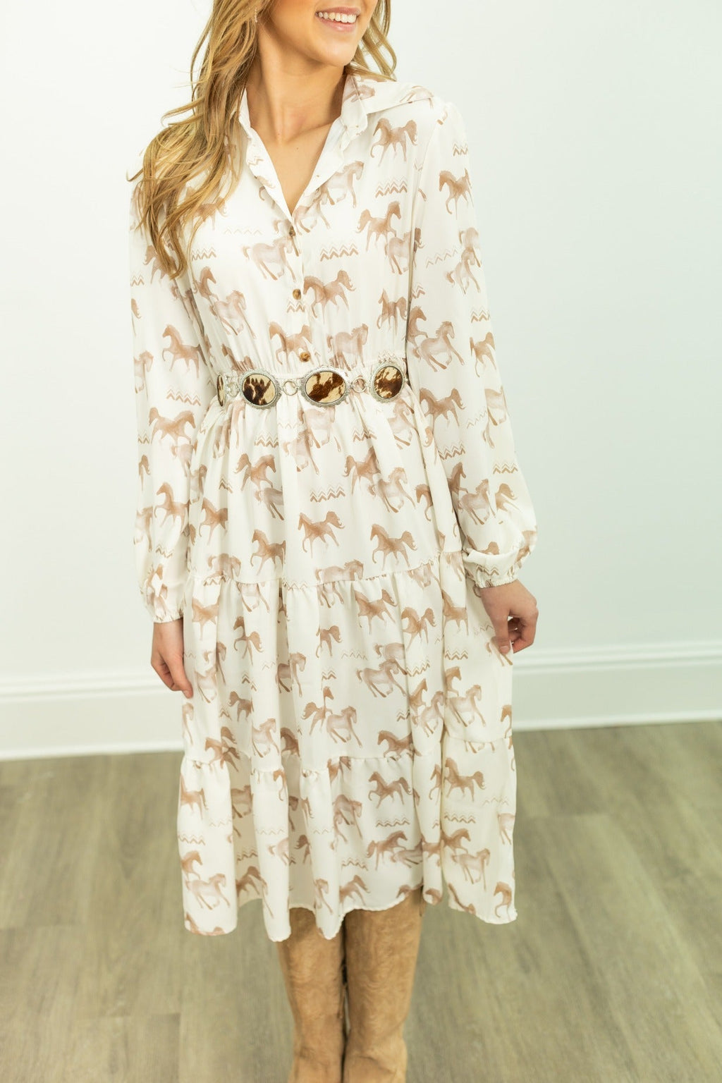 Ivory horse print shirt dress for women by Grace+Emma, stylish ladies dress with button front and relaxed fit.