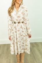 Ivory horse print shirt dress for women by Grace+Emma, stylish ladies dress with button front and relaxed fit.