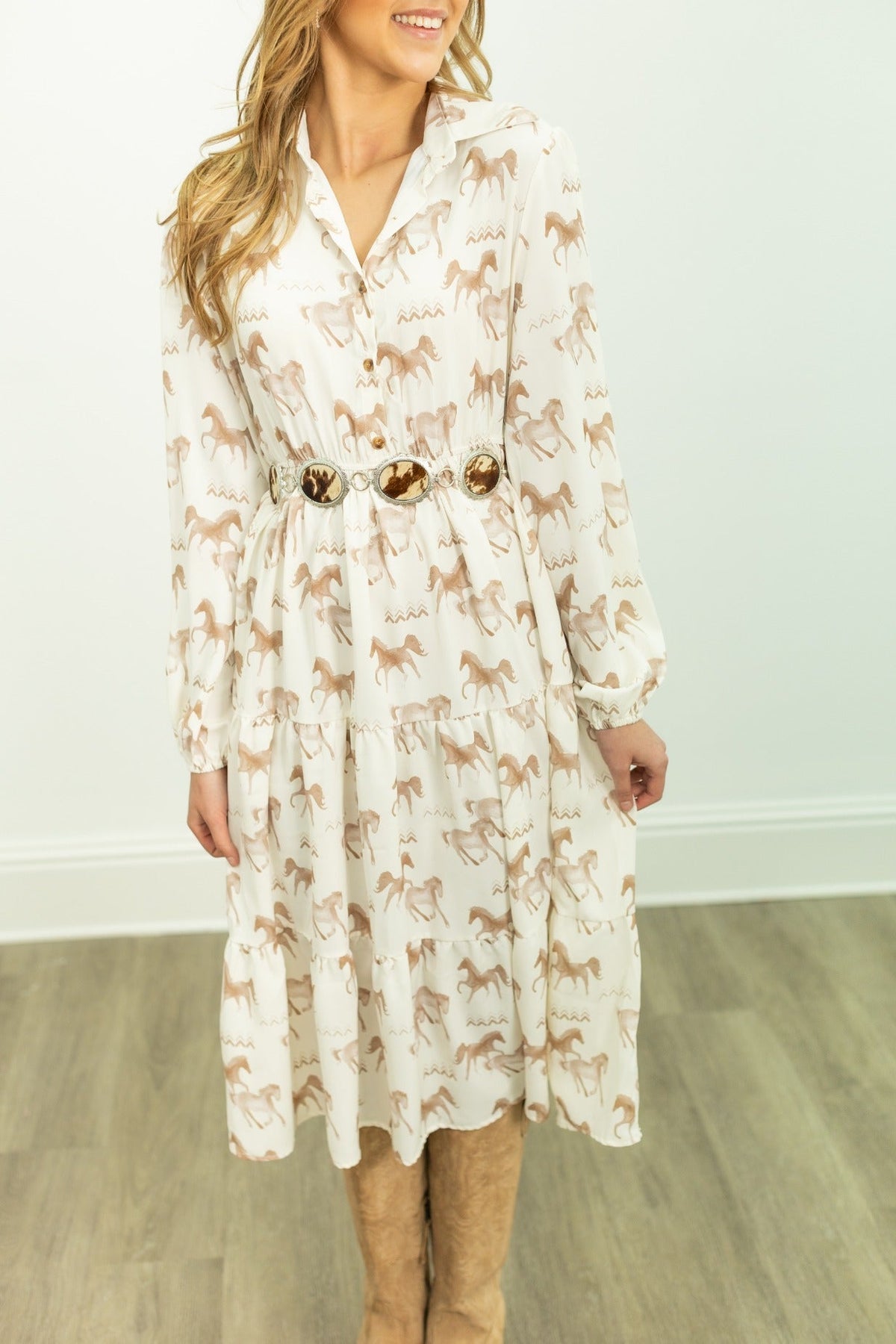 Ivory horse print shirt dress for women by Grace+Emma, stylish ladies dress with button front and relaxed fit.