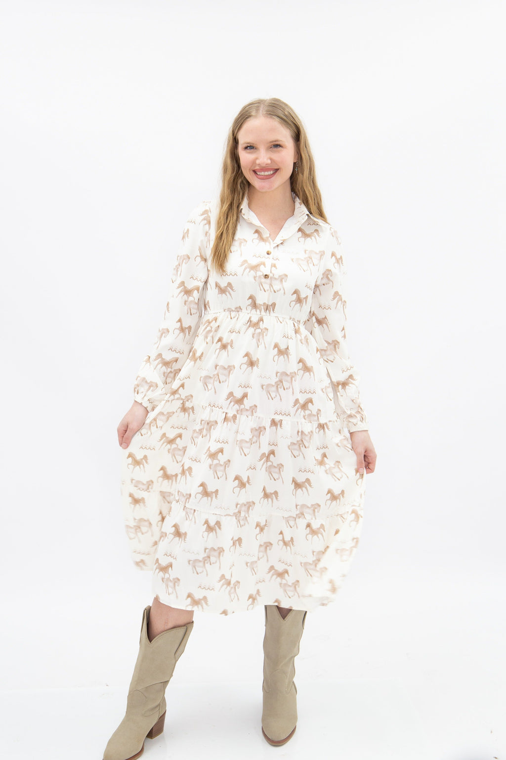 Ivory horse print shirt dress for women by Grace+Emma, featuring a relaxed fit and classic collar, perfect for casual wear.