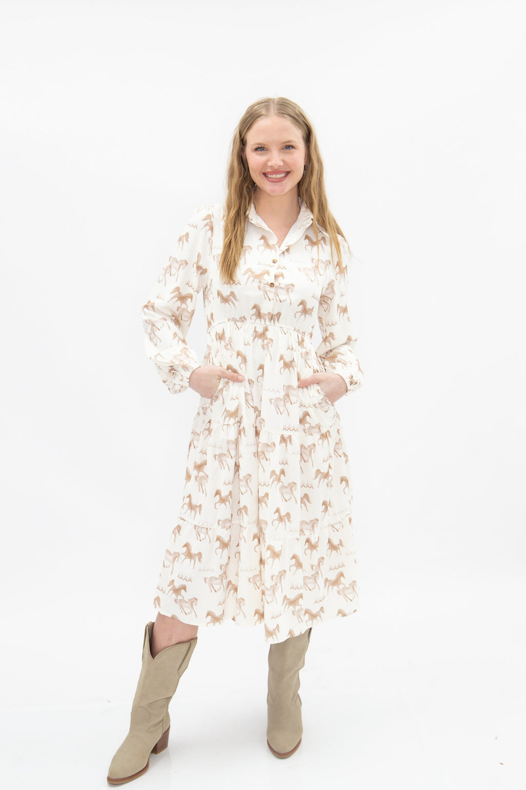 Ivory horse print shirt dress for women by Grace+Emma, casual ladies dress with button-front and relaxed fit.