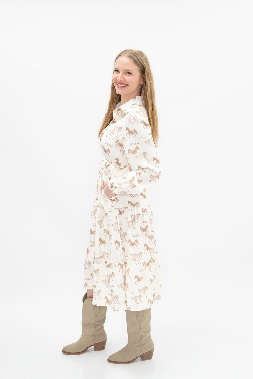 Ivory horse print shirt dress for women by Grace+Emma, featuring a relaxed fit and classic design for casual or stylish wear.