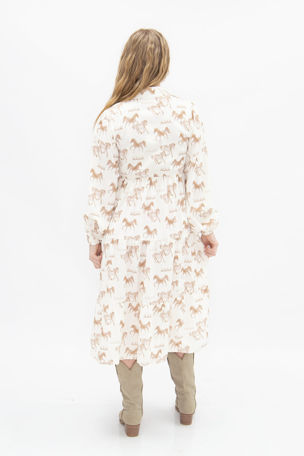 Ivory horse print shirt dress for ladies by Grace+Emma, featuring a relaxed fit and button-down front.