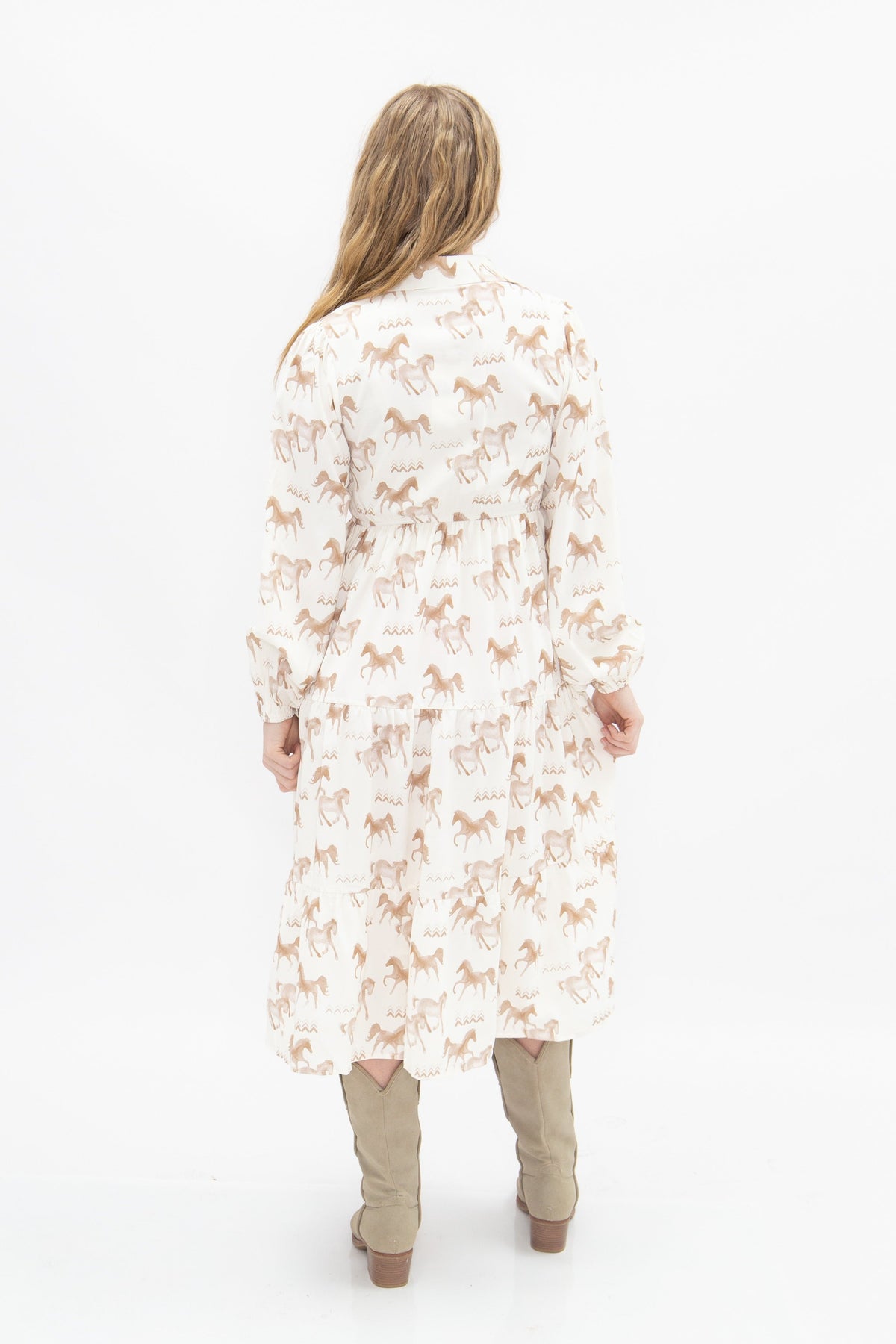 Ivory horse print shirt dress for ladies by Grace+Emma, featuring a relaxed fit and button-down front.