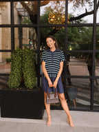 Navy striped knit top with attached skirt for women, style by Grace+Emma, featuring a fitted design and casual elegance.