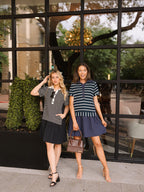 Navy striped knit top with attached skirt for women, Grace+Emma ladies dress, stylish and comfortable summer outfit.