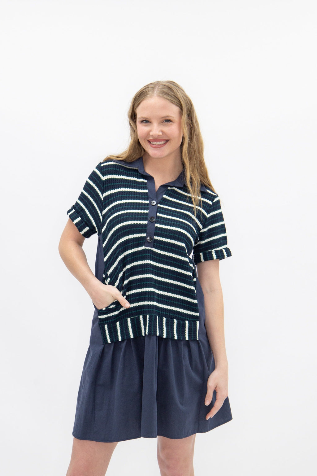 Navy striped knit top with attached skirt for ladies by Grace+Emma, casual and stylish women’s dress on model.
