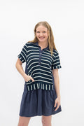 Navy striped knit top with attached skirt for ladies by Grace+Emma, casual and stylish women’s dress on model.