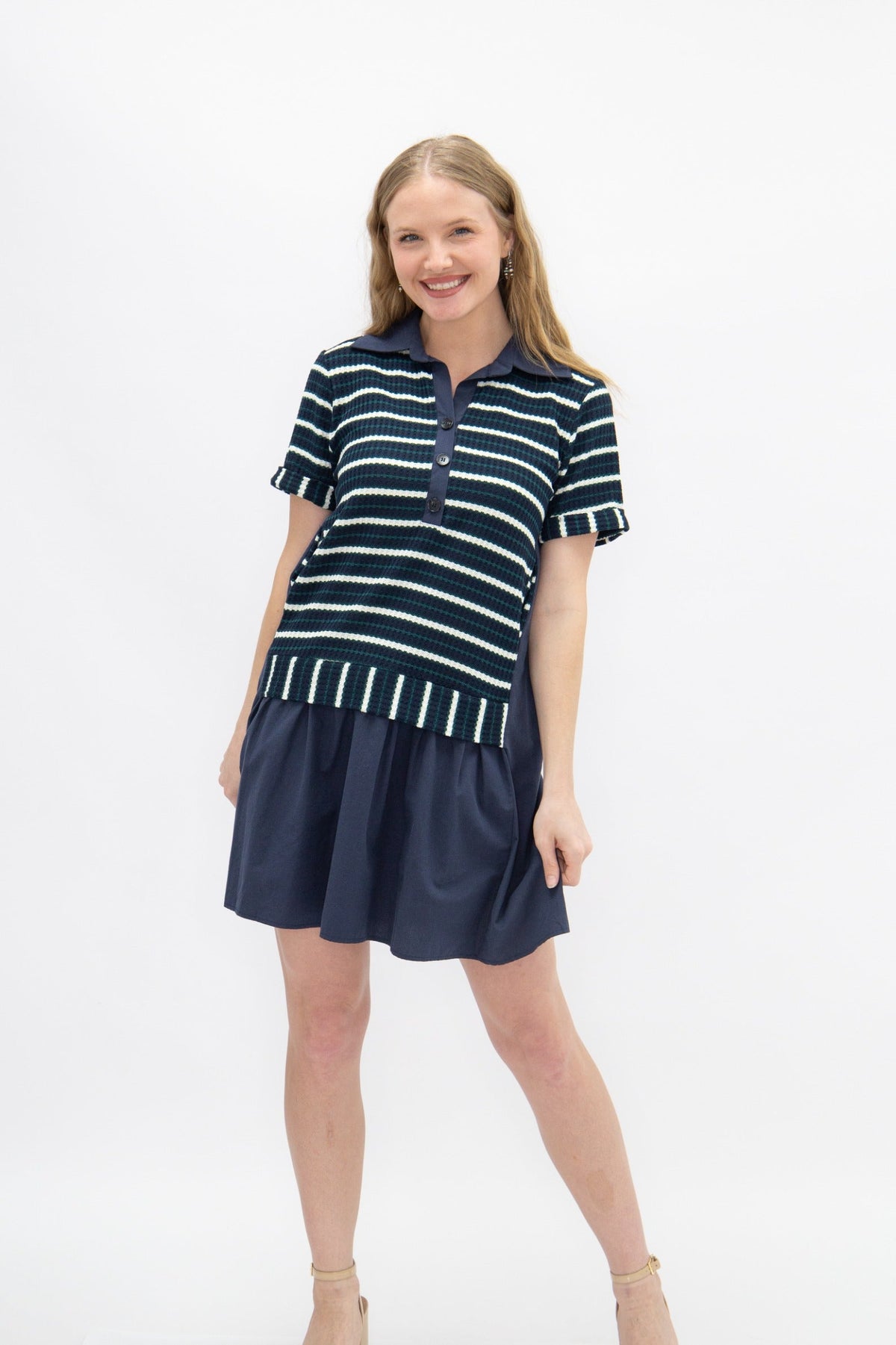 Navy striped knit top with attached skirt for ladies, Grace+Emma, featuring a stylish and comfortable design.