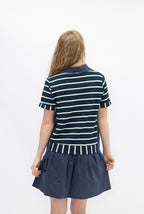 Navy striped knit top with attached skirt for women, Grace+Emma ladies dress, casual and stylish outfit for everyday wear.