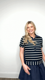 Navy striped knit top with attached skirt from Grace+Emma women's dress, featuring a fitted design and casual style.