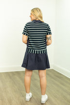 Navy striped knit top with attached skirt for women, Grace+Emma ladies dress, casual and stylish outfit for everyday wear