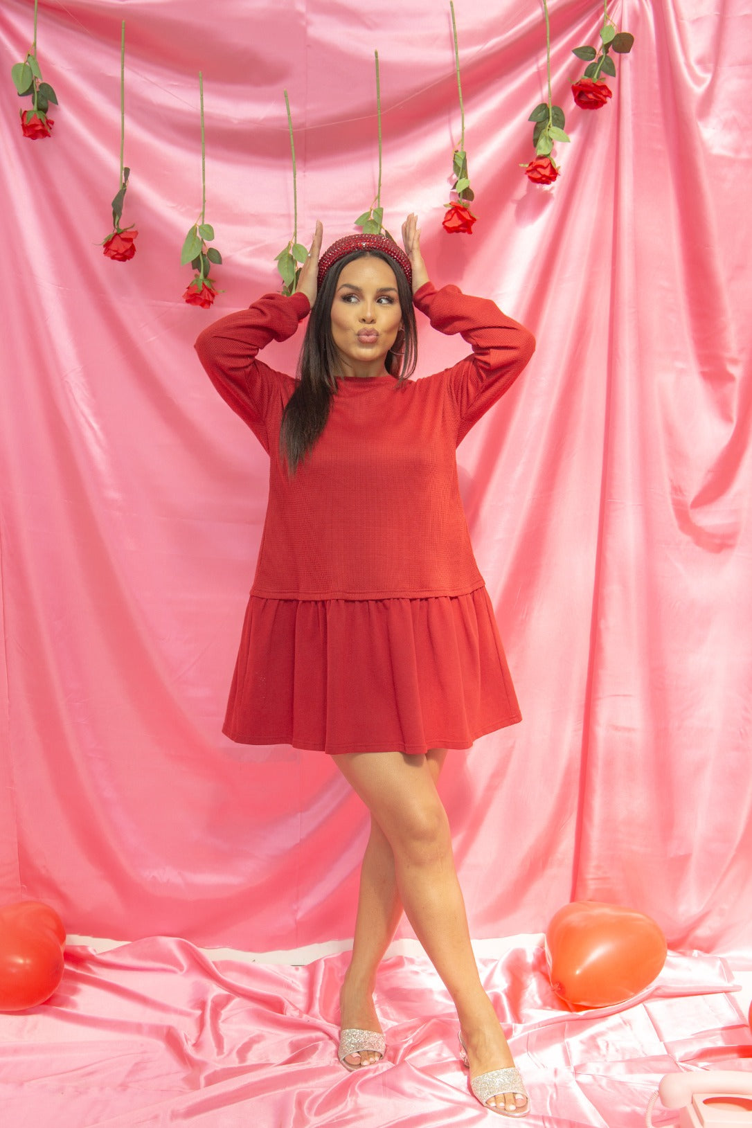 Red waffle knit long-sleeve dress for women by Grace+Emma, stylish and comfortable ladies dress in XS size.