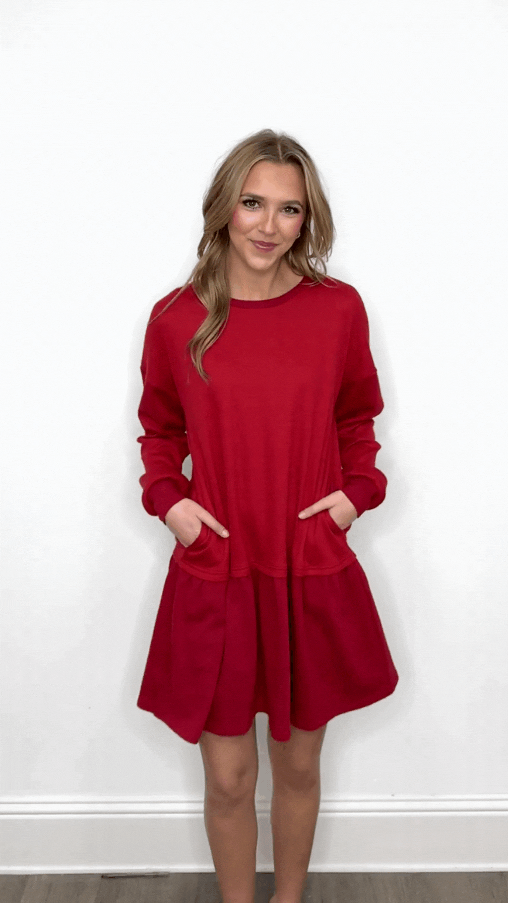 Red waffle knit long-sleeve dress for ladies by Grace+Emma, featuring a cozy, stylish design perfect for casual wear.