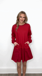 Red waffle knit long-sleeve dress for ladies by Grace+Emma, featuring a cozy, stylish design perfect for casual wear.