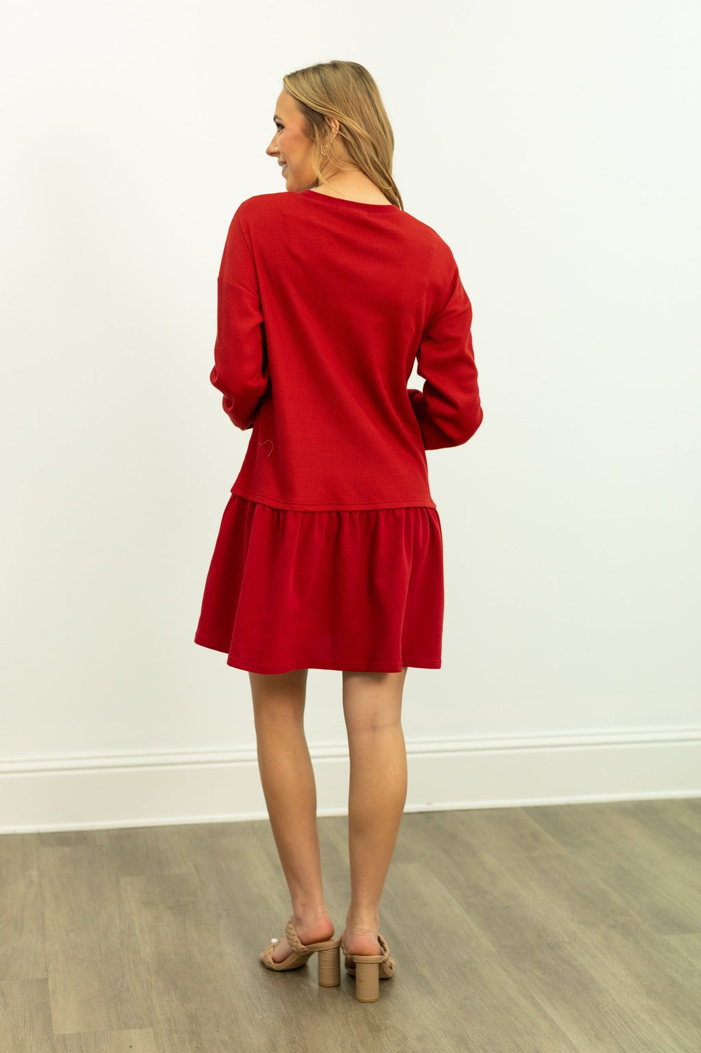 Red waffle knit long-sleeve dress for women by Grace+Emma, casual and cozy ladies dress perfect for fall or winter wear.