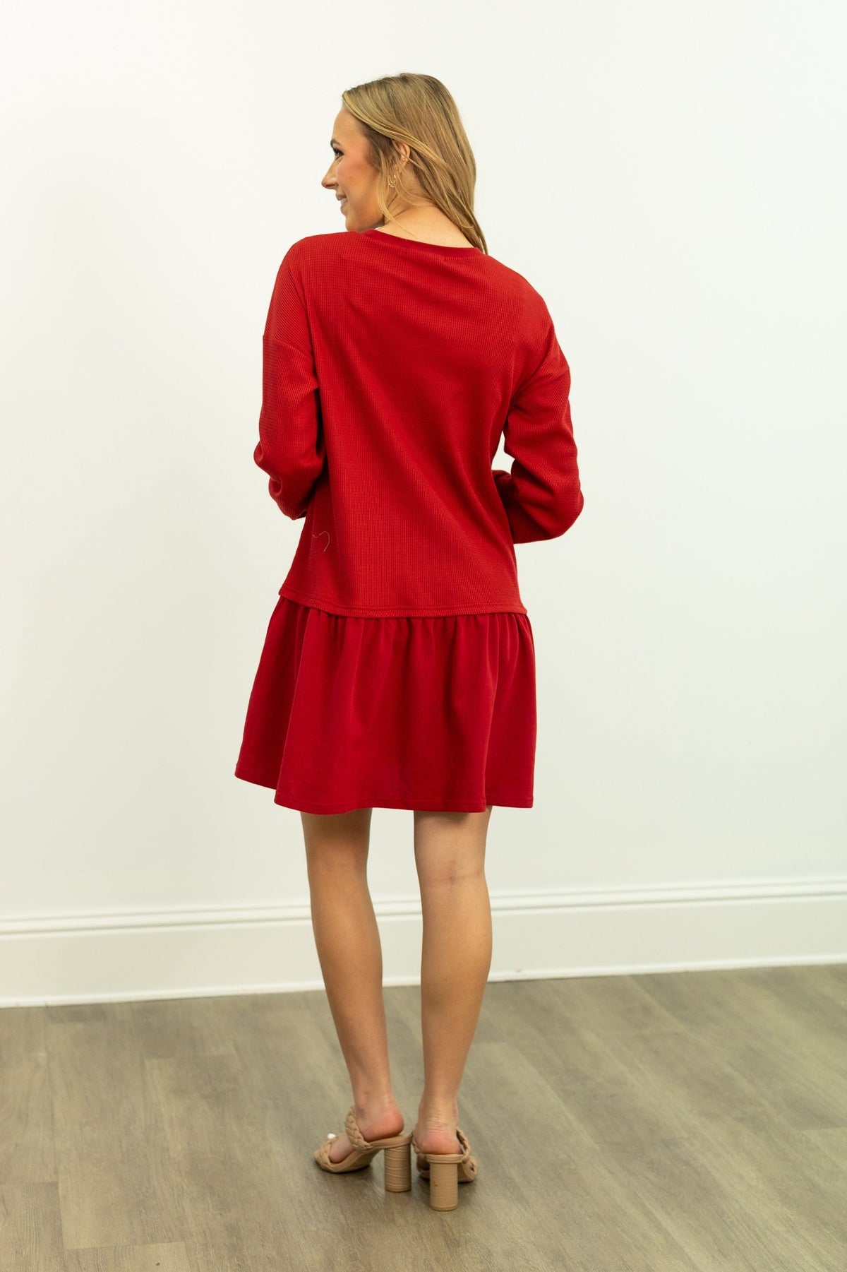 Red waffle knit long-sleeve dress for women by Grace+Emma, casual and cozy ladies dress perfect for fall or winter wear.