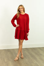 Red waffle knit long-sleeve dress for women by Grace+Emma, stylish and cozy for casual wear.
