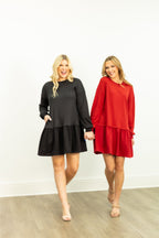 Red waffle knit long-sleeve dress for women by Grace+Emma, featuring a cozy, stylish design perfect for casual wear.