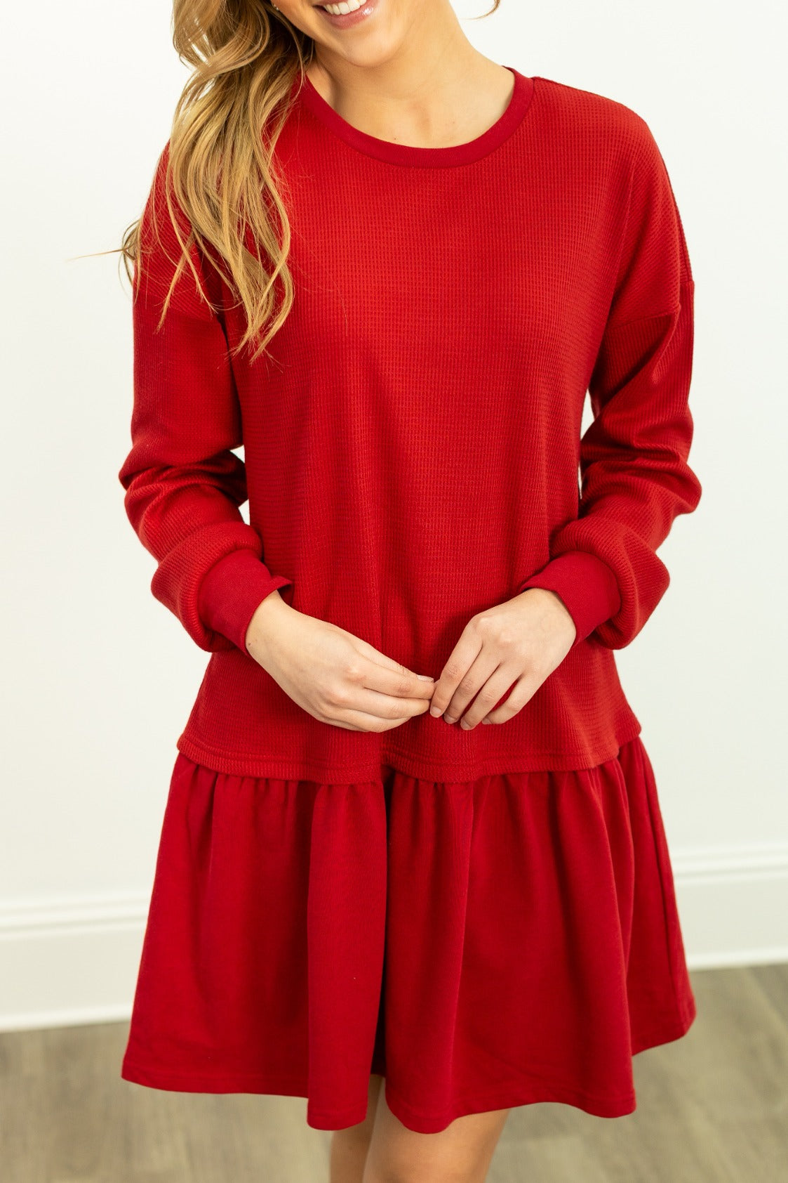 Red waffle knit long-sleeve dress for women by Grace+Emma, casual and comfortable ladies dress in XS size.