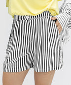 Black striped ladies trouser shorts by Grace+Emma, featuring a tailored fit and comfortable waistband, perfect for casual wear.
