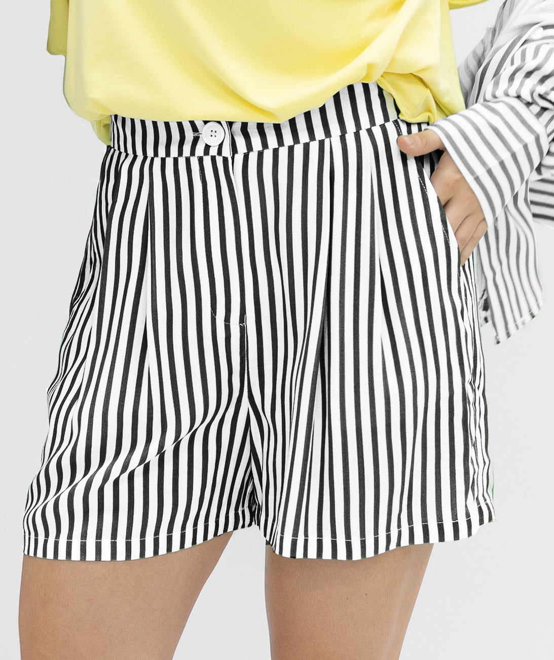 Black striped ladies trouser shorts by Grace+Emma, featuring a tailored fit and comfortable waistband, perfect for casual wear.
