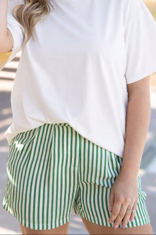 Ladies green striped trouser shorts by Grace+Emma, casual shorts with a stylish pattern and comfortable fit.