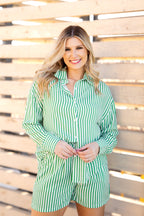 Green striped ladies trouser shorts by Grace+Emma, shown in XS size with a relaxed fit and stylish design.