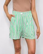 Green striped ladies trouser shorts by Grace+Emma, casual summer shorts with a stylish striped pattern.
