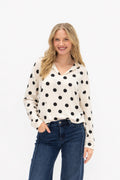 Grace+Emma women's black polka dot V-neck collared pullover top, featuring a stylish polka dot pattern and lightweight fabric.