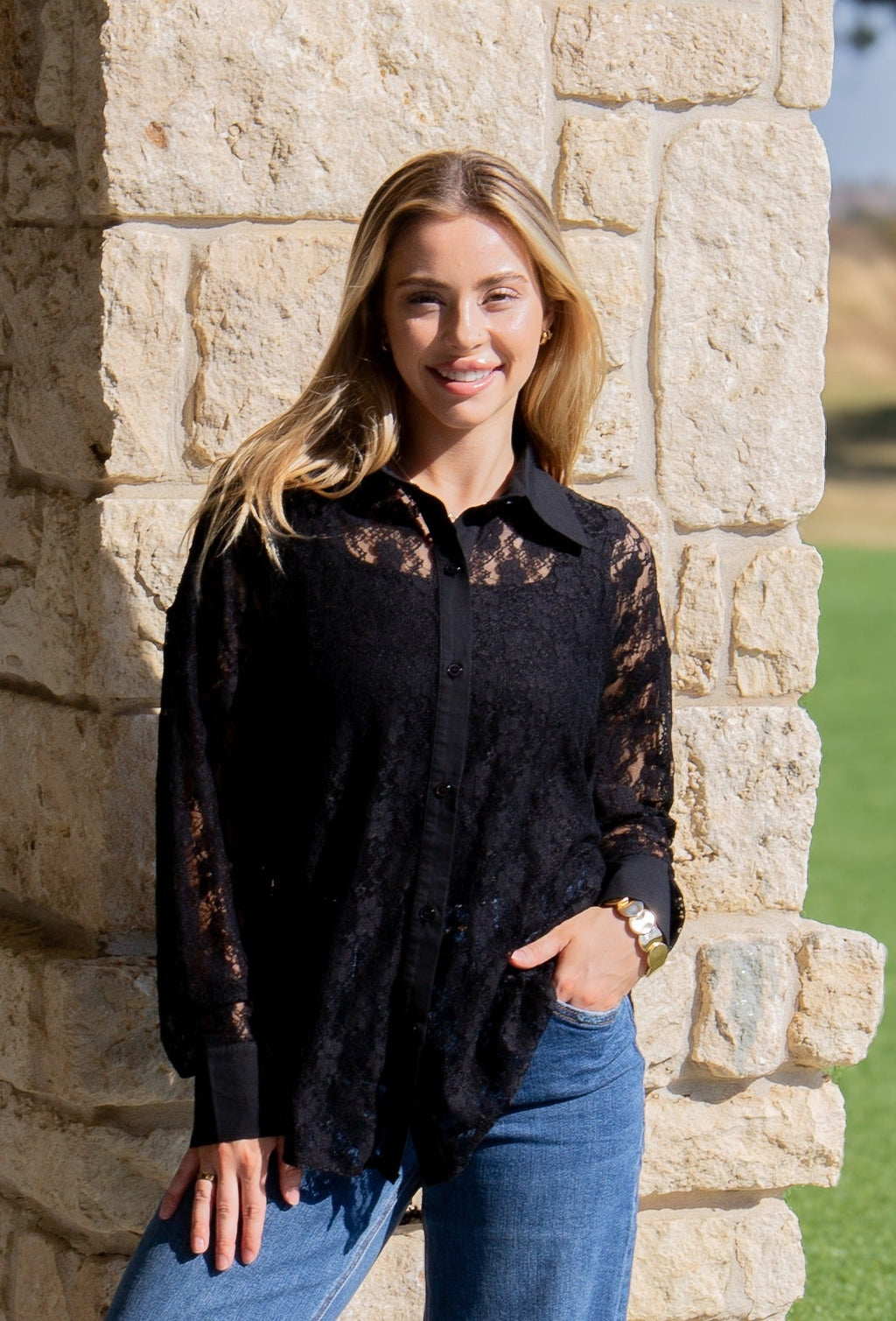 Grace+Emma Kathryn Classic Button-Up in black lace, women's top featuring a tailored fit and elegant button-front design.