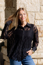 Grace+Emma Kathryn Classic Button-Up top in black lace for women, featuring a stylish button-up design and elegant lace fabric.