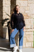 Grace+Emma Kathryn Classic Button-Up in black lace, women's top featuring long sleeves and a tailored fit.