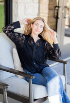 Grace+Emma Kathryn Classic Button-Up top in black lace for women, featuring a stylish button-up design and elegant lace fabric.